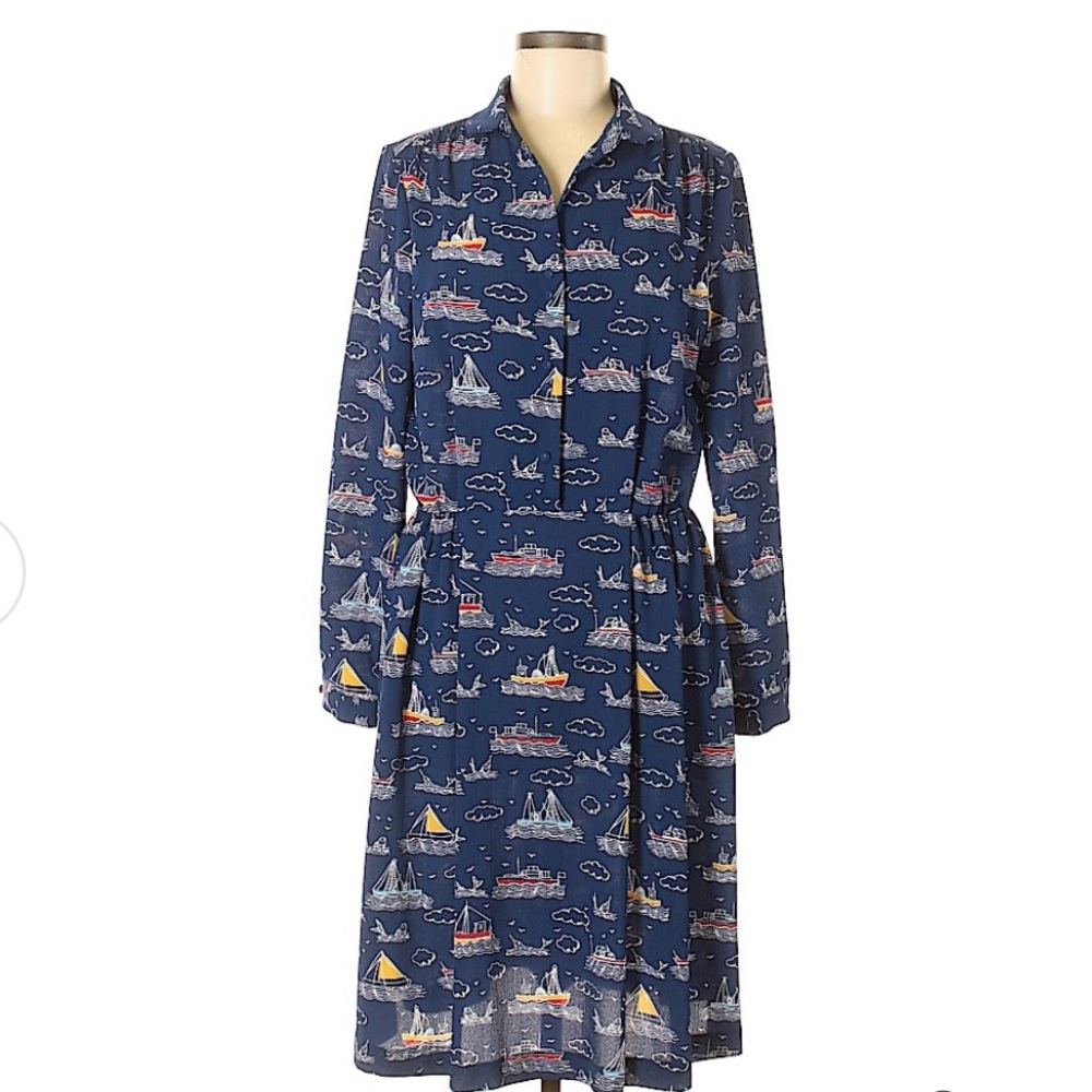 FRNCH blue nautical (boats, whales) long sleeve dress with pockets